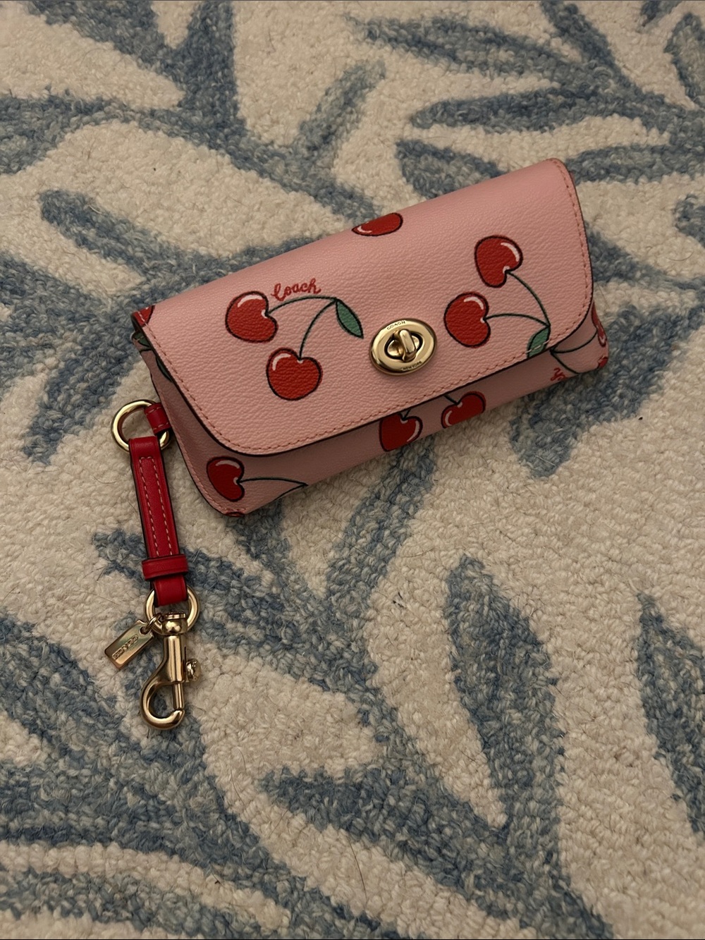 Coach Pink Cherry Print Glasses Wristlet with Red Strap